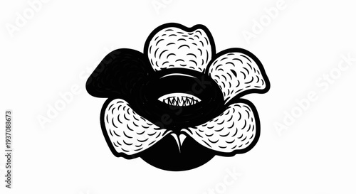 Black and white illustration of a large, unusual flower with spotted petals and a central opening