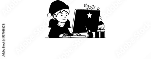 Young person in Santa hat uses computer with holiday decorations nearby