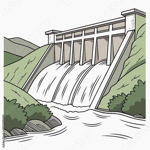A dam with water flowing out into a river on a green hillside