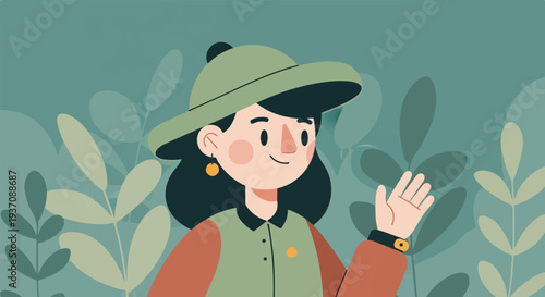Stylized portrait of a smiling young person wearing a hat, waving