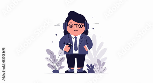 Stylized person in a suit with headphones and phone, surrounded by minimalist plants