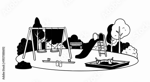 Outdoor playground with swings, slide, sandbox, seesaw, and bench