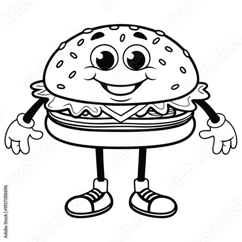 Monochrome cartoon burger character smiles wearing shoes and gloves as it stands cheerfully forward