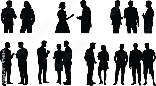 Black vector silhouettes of pairs of people standing, talking, and interacting, representing communication, dialogue, teamwork, posture, gesture, and social behavior.