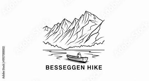 Black and white sketch of jagged mountains above a calm lake with a lone rower