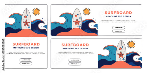 USA, US, U.S, United States - Surfboard Ocean Waves Illustration | Tropical Summer Surf Art | Modern Beach Graphic Design Layout for Web & Branding
