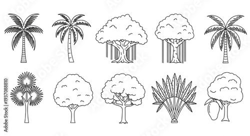 Collection of different trees and plants outline icons for design