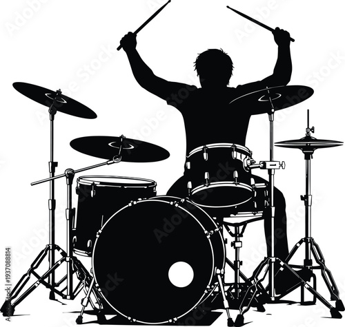 Black and White Silhouette of a Professional Drummer Playing a Full Drum Kit Set with Raised Sticks for Music Performance and Concert Graphics