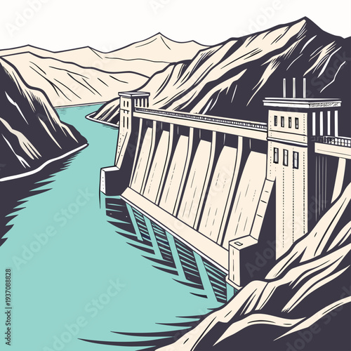 A large dam structure on a river surrounded by mountains