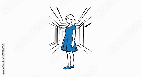 Stylized drawing of a woman in a blue dress standing in a corridor