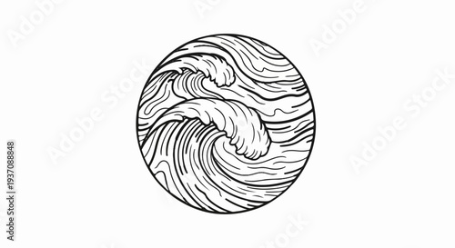 Stylized circular depiction of crashing waves in black ink outline