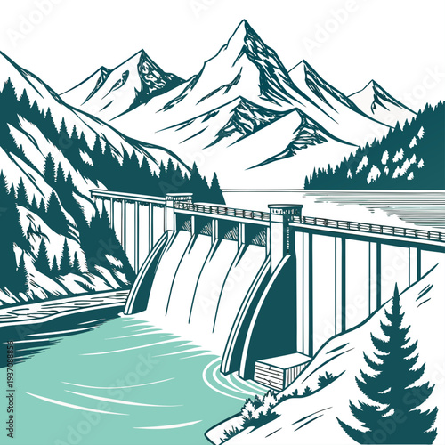 Dam with water flowing out in front of snowy mountains and trees