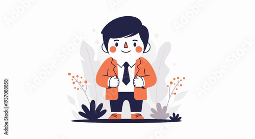 A stylized cartoon figure of a person in a suit stands amidst abstract foliage and berry sprigs