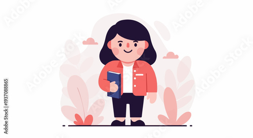 Cheerful young person with dark hair wearing a coral jacket holds a book