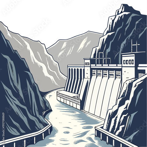 Illustration of a hydroelectric dam in a mountainous landscape with water flowing