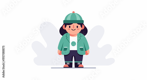 A cute, stylized illustration of a person wearing a teal jacket, dark pants, and a matching hat