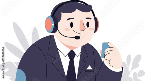 A friendly cartoon character in a suit and headset holds a small blue object