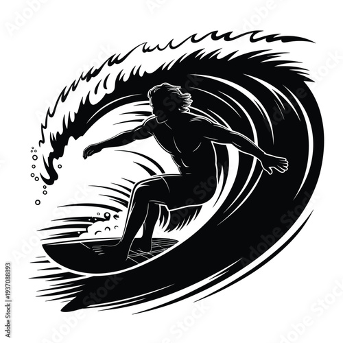 Silhouetted surfer rides a powerful wave in a black and white illustration