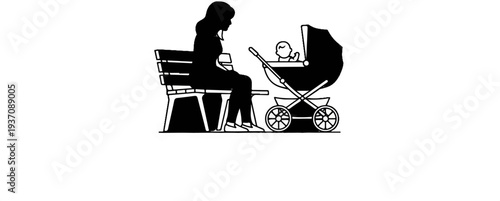 Silhouette of a woman on a bench with a baby in a carriage