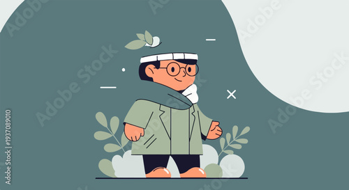 A cartoon character with glasses, scarf, and coat stands amidst stylized plants and abstract shapes
