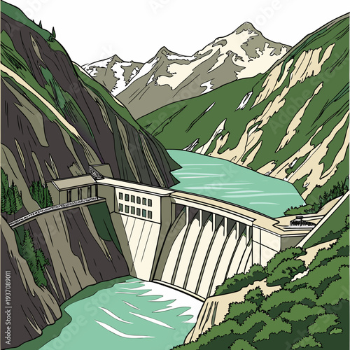 Illustration of a large dam in a mountainous landscape with a river