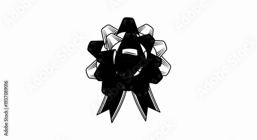Stylized black and white drawing of a festive bow with layered loops and ribbons