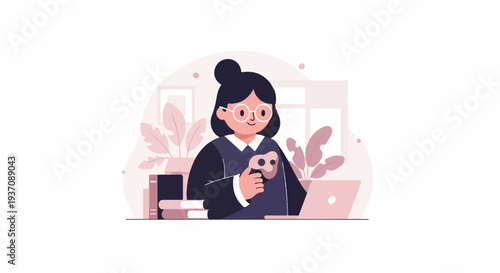 Person with glasses and dark hair eating a cookie, working on a laptop, surrounded by books and plants