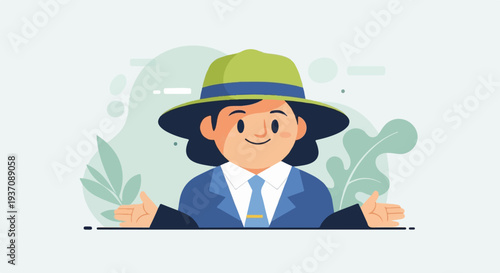 Cheerful person in a hat and suit, gesturing welcome with open hands