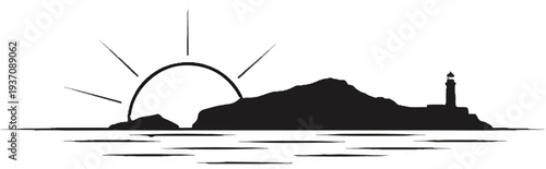 Silhouette of a sunrise over a rocky island with a lighthouse