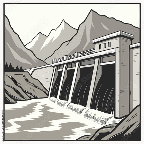 Dam with water flowing out in front of mountains and trees