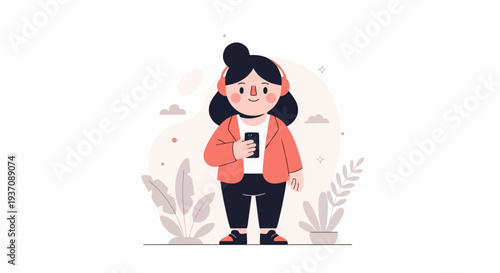 Cute person with headphones and phone, surrounded by plants, clouds, and stars