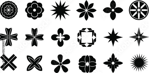 Abstract Floral and Star Shape Icon Set with Geometric Flower Symbols, Decorative Mandala Elements and Modern Design Shapes for Logo and Pattern