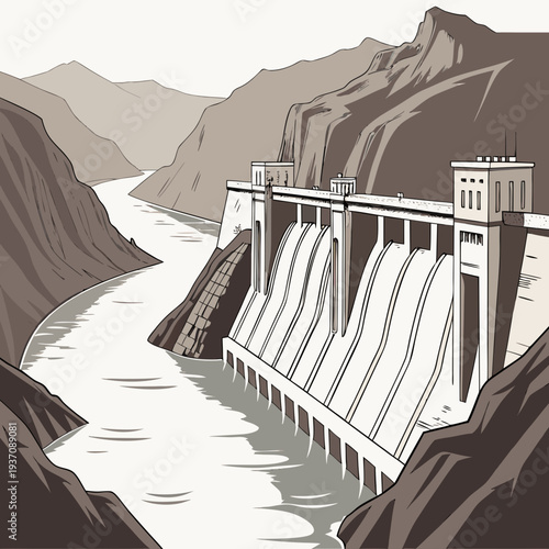Large hydroelectric dam with water flowing through mountain valley