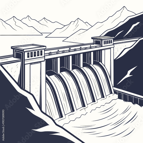 Illustration of a large dam with water flowing out in front of mountains