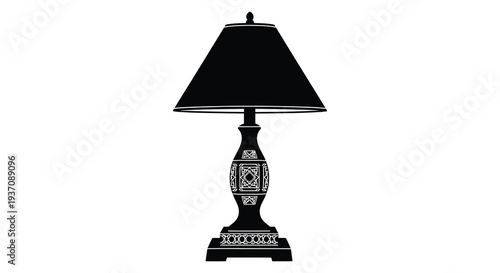 A black silhouette of a decorative table lamp with ornate detailing on its base high quality