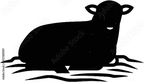 Silhouette of a black sheep resting peacefully on stylized grass