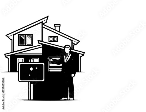 Man in suit pointing at property sign next to modern house