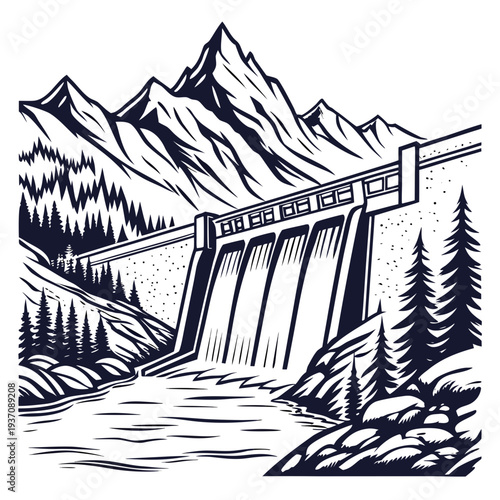 Dam with water flowing out in front of mountains and trees