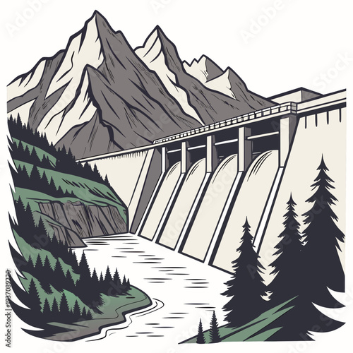 Dam with water flowing through mountains and trees