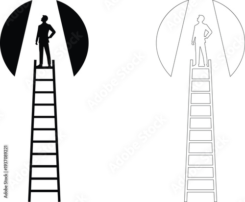A man standing on top of a tall ladder, looking out into a bright circular opening, representing achievement and new opportunities