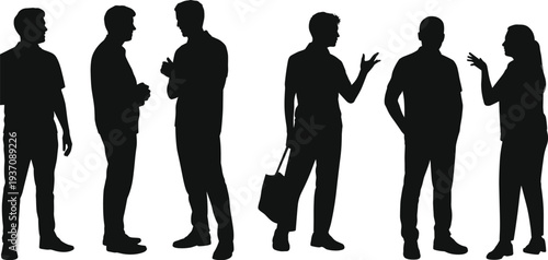 Black vector silhouettes of pairs of people standing and talking, representing communication, dialogue, teamwork, posture, gesture, and social interaction.