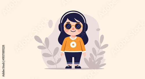 A cheerful cartoon child wearing headphones and sunglasses, in an orange shirt and dark pants