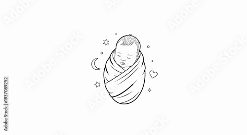 Line drawing of a sleeping baby wrapped in a blanket with celestial elements