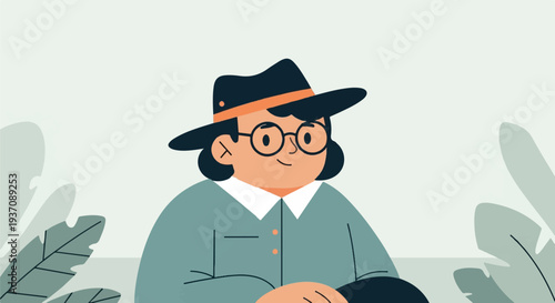 Friendly person in hat and glasses, with lush foliage on a light background