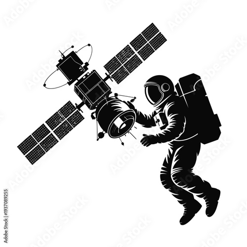 Astronaut working near a satellite in the vastness of space
