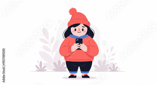 A whimsical cartoon character in winter attire, engrossed in their smartphone amidst stylized foliage