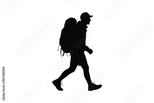Silhouette of a hiker walking with a large backpack on a white background