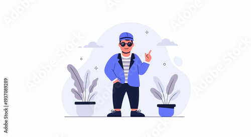 Stylish character in blue jacket and cap, pointing with hand, flanked by potted plants
