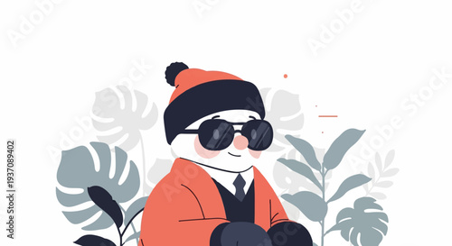 A stylized snowman with a hat, sunglasses, and orange coat, surrounded by foliage
