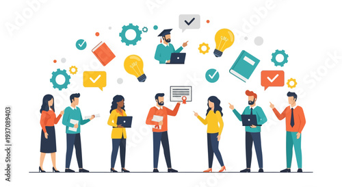 Professional Development and E-Learning Concept. Diverse team achieving goals through online education, collaboration, innovation, and knowledge acquisition. Flat vector illustration.